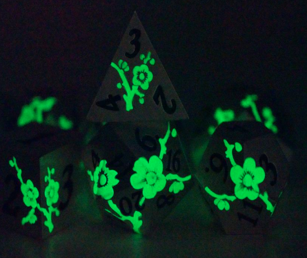 Metal Flower Green Glow Dice Set