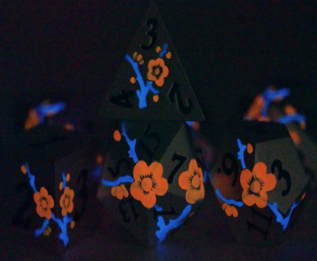 Metal Flower Orange Glow Dice Set