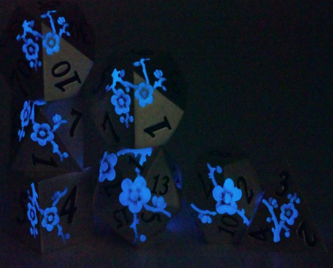 Metal Flower Blue Glow Dice Set